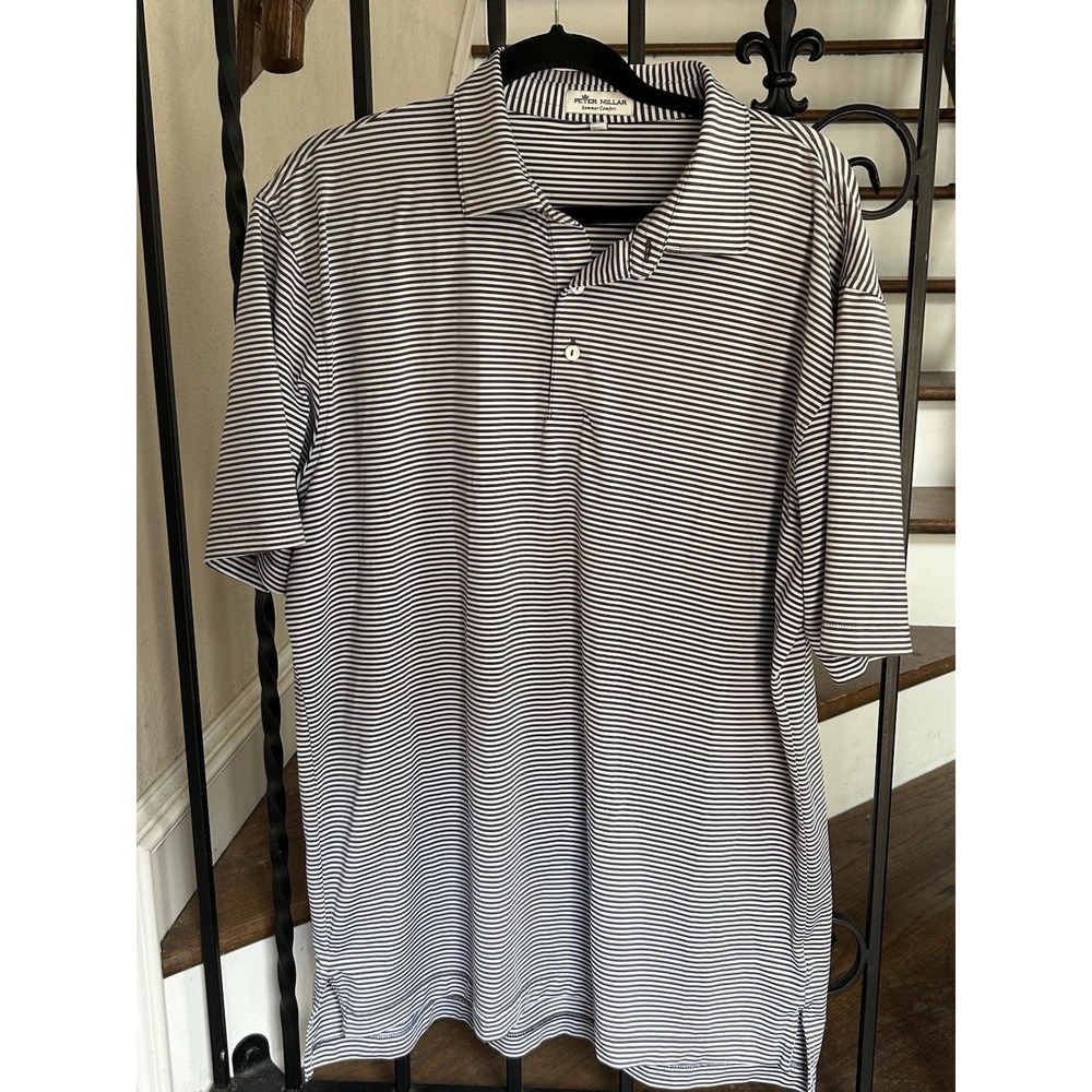 Men's Large Peter Millar Polo Shirt Short Sleeves Pullover Golf Stripes Gray